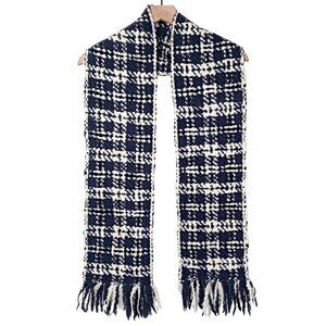 Banana Republic Unisex Winter Scarf Cream Navy Plaid Wool Woven 8"x 72" VTG 90s